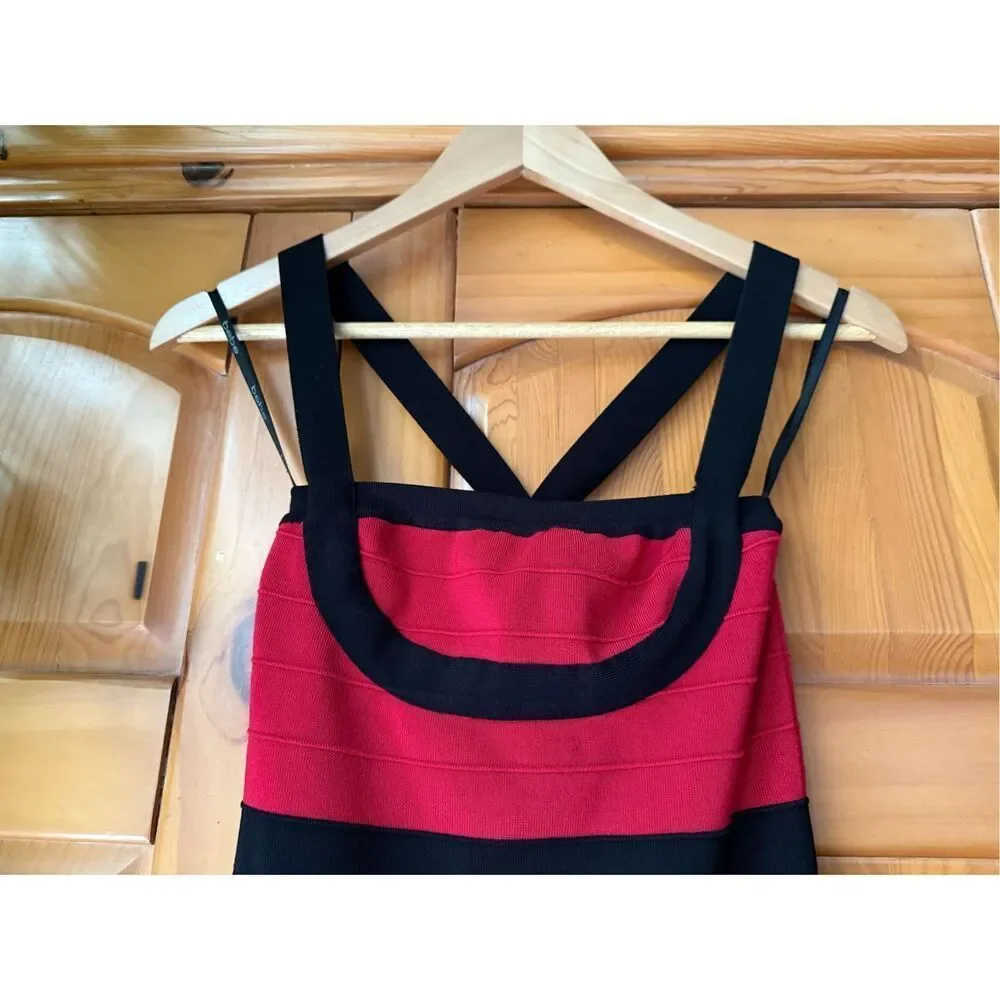Bebe Red Black Bandage Bodycon Dress Strappy Back Mini XS S Y2K